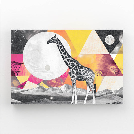 Giraffe in a stylized landscape with geometric shapes and abstract elements