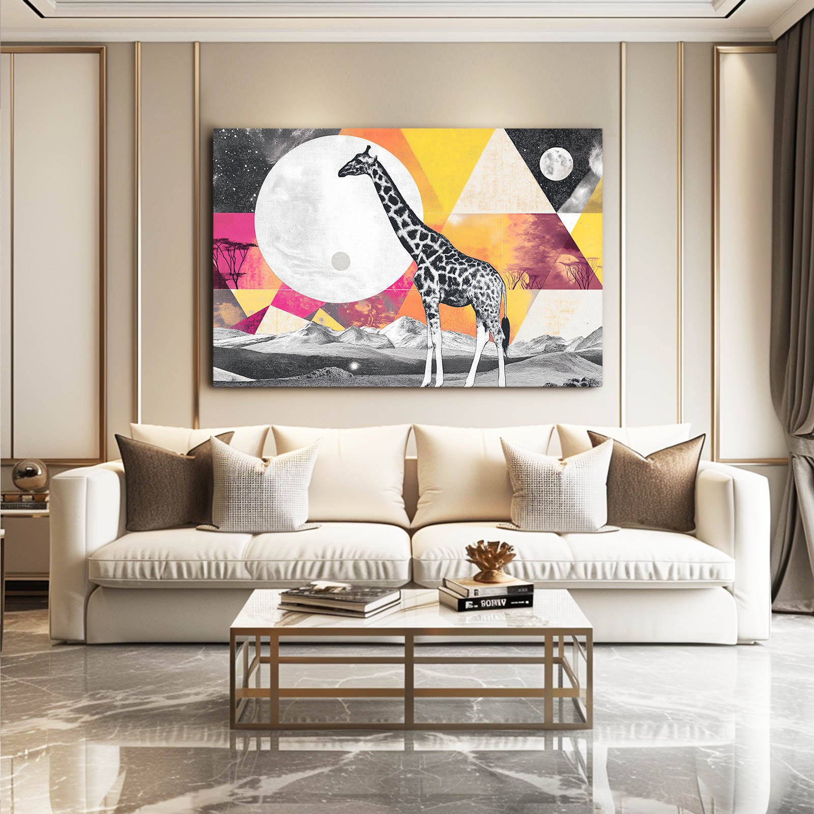 Modern living room with a beige sofa, coffee table, and abstract painting of a giraffe.