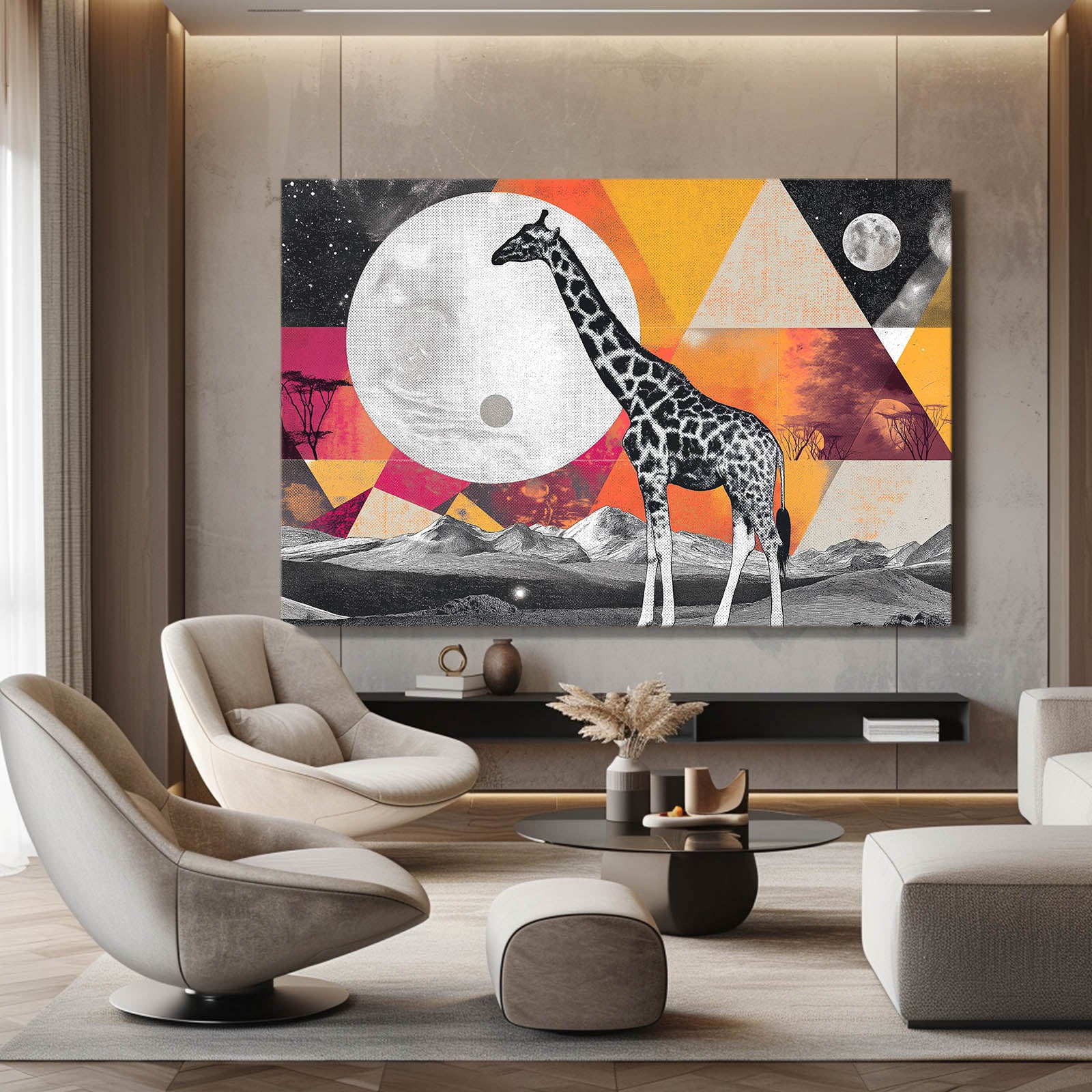 Modern living room with a large abstract painting of a giraffe on a wall.