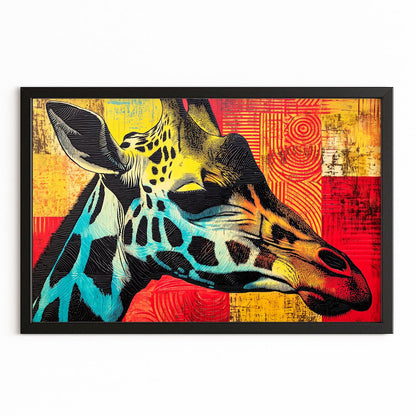 Colorful abstract painting of a giraffe head on a geometric patterned background