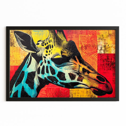 Colorful abstract painting of a giraffe head on a geometric patterned background
