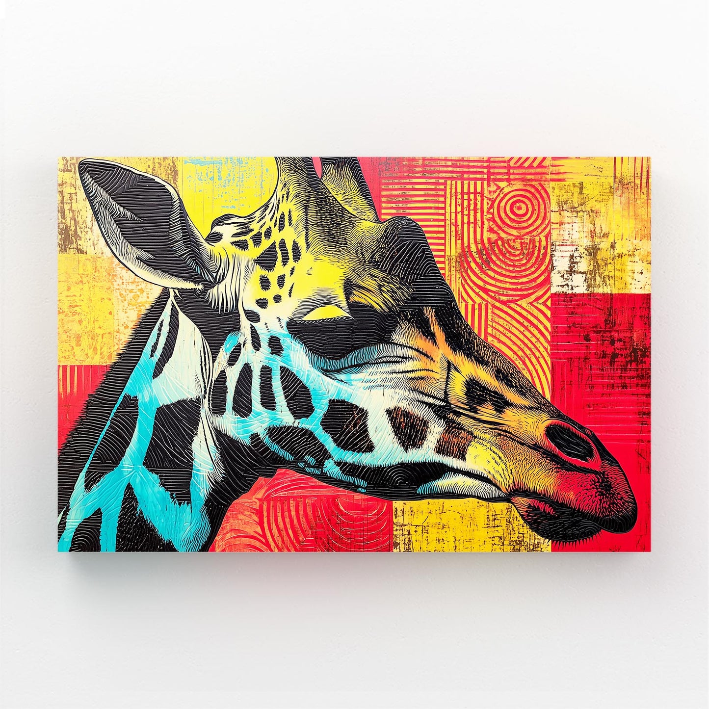 Colorful abstract painting of a giraffe on a geometric patterned background