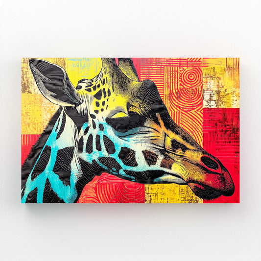 Colorful abstract painting of a giraffe on a geometric patterned background