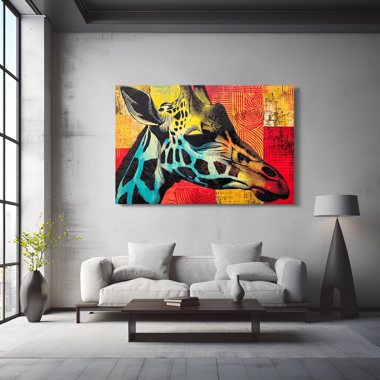 Colorful abstract giraffe painting on a gray wall above a white sofa in a modern living room.
