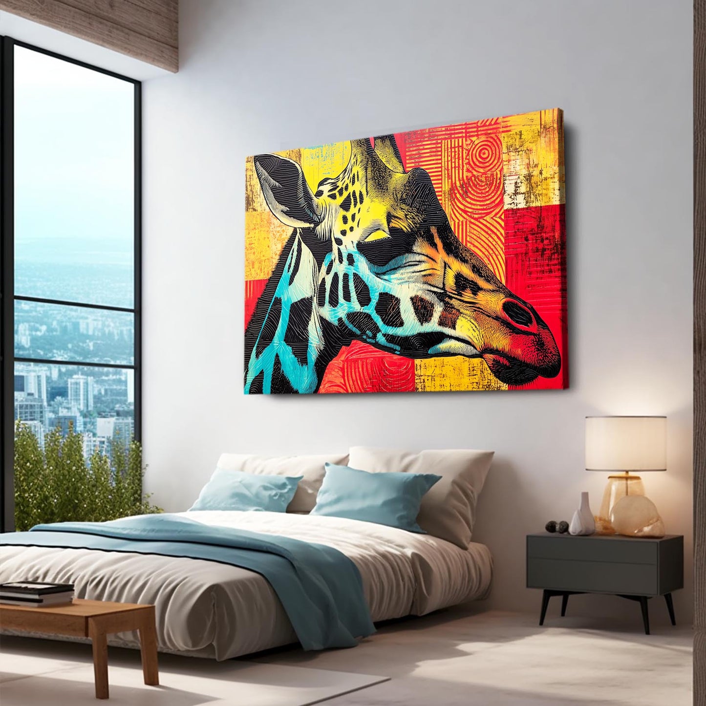 Colorful giraffe painting on a wall above a bed with a cityscape view.