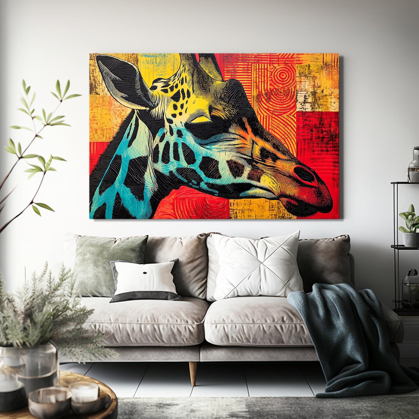 Colorful abstract giraffe painting on a wall above a sofa.