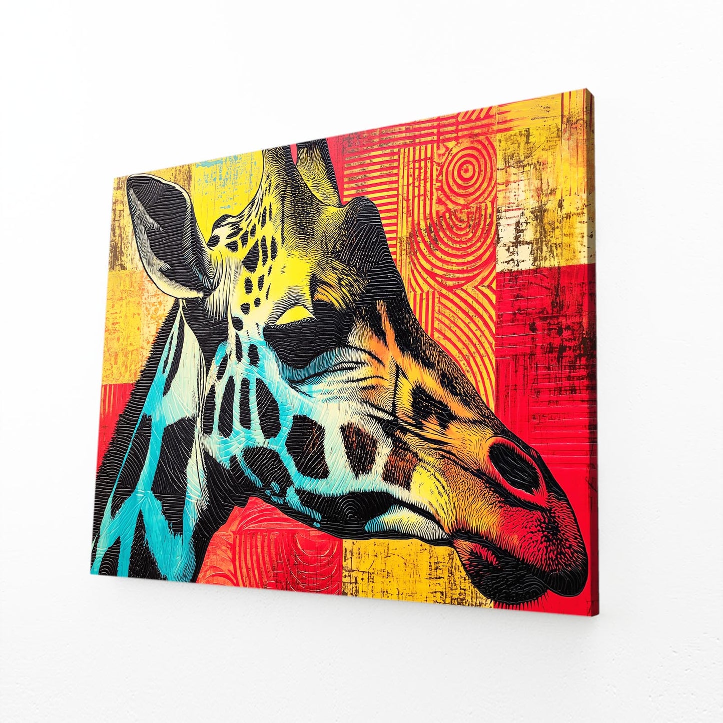 Colorful abstract painting of a giraffe's head on a textured background