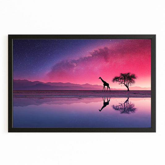 Giraffe standing by a tree with a reflective water surface and pink sky.