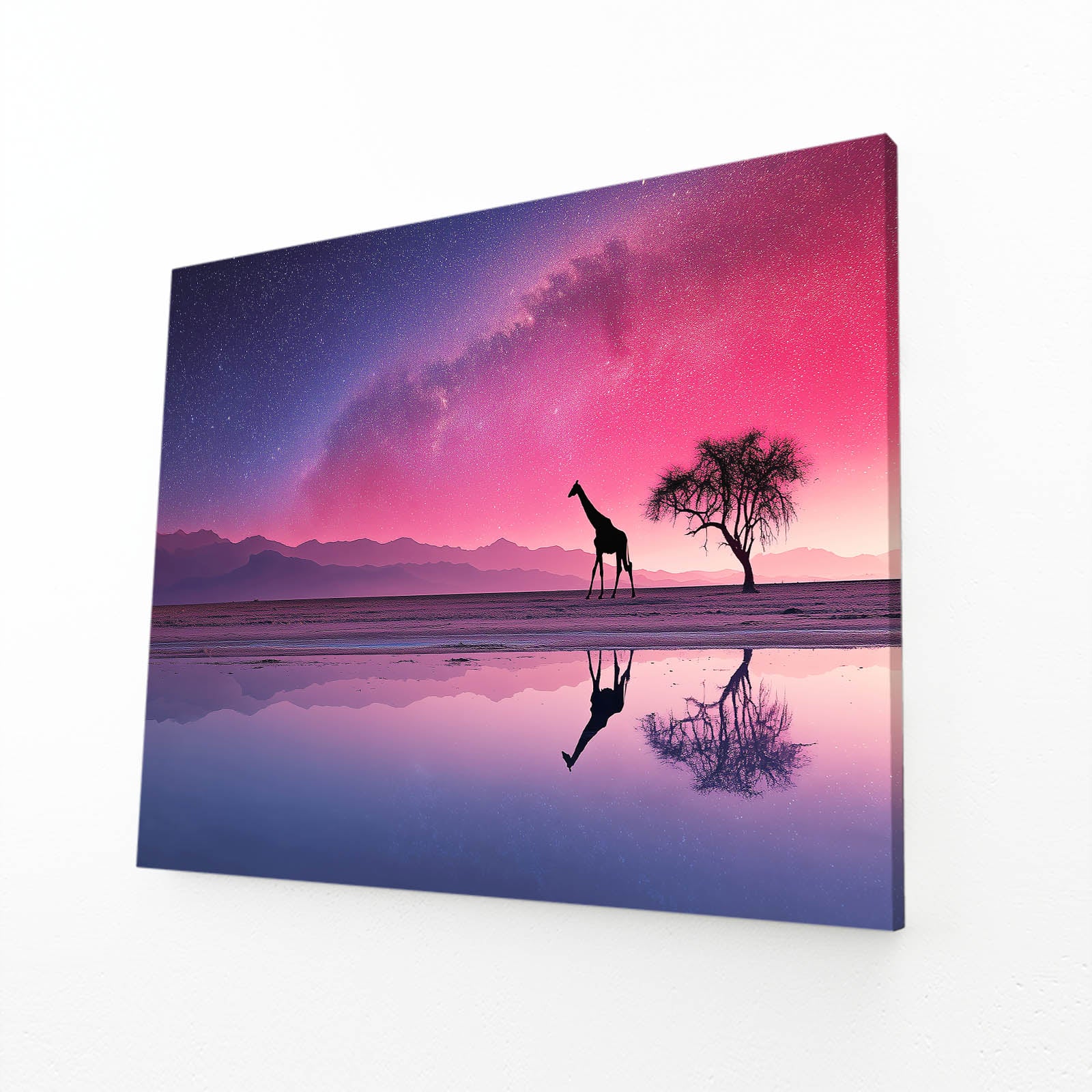 Giraffe and tree silhouette against a pink and purple sky with a starry reflection on water.