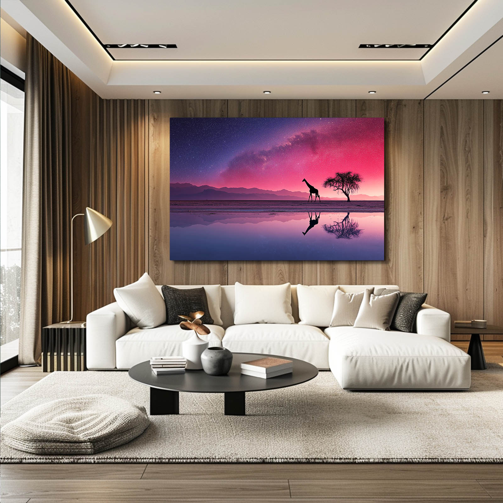 Modern living room with a large wall painting of a giraffe and tree reflection.