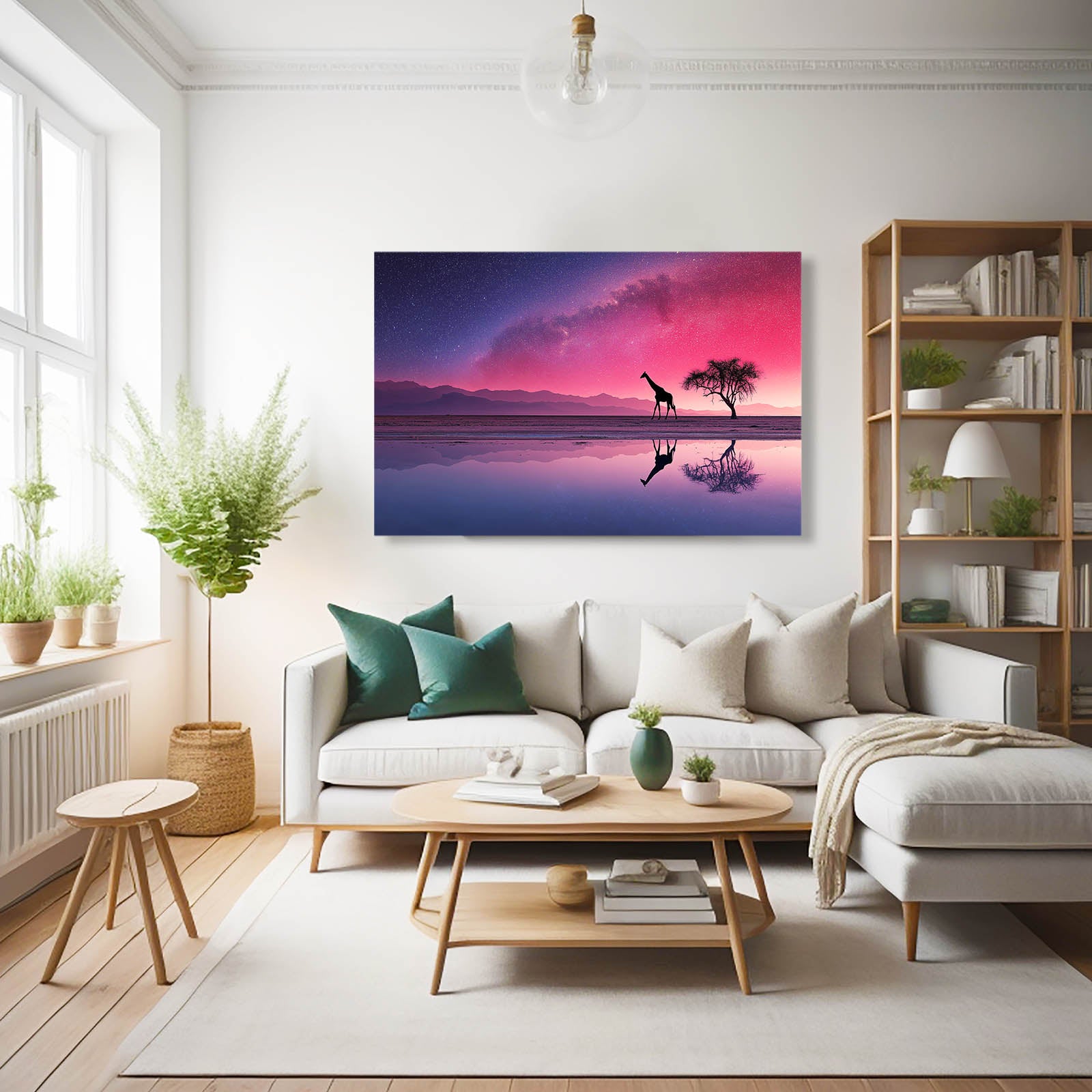 Modern living room with a giraffe painting on the wall