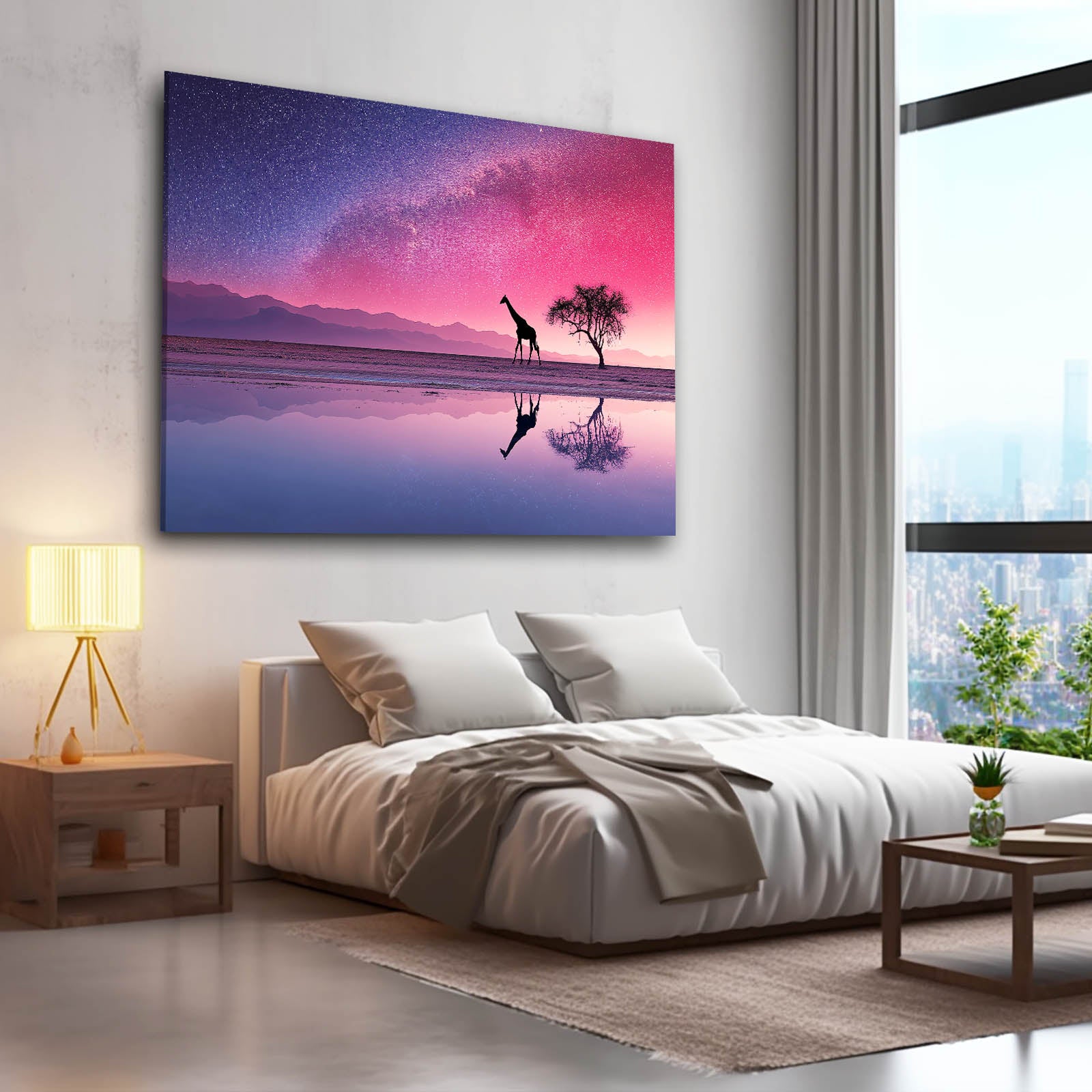Modern bedroom with a large wall art of a giraffe and tree by a lake.