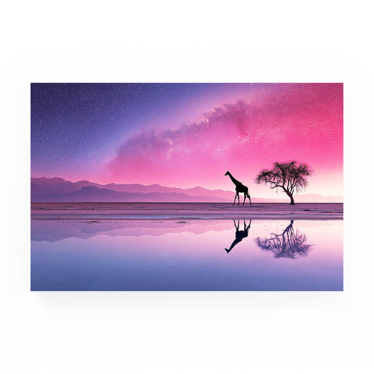 Giraffe standing near a tree with a reflective water surface and pink sky.