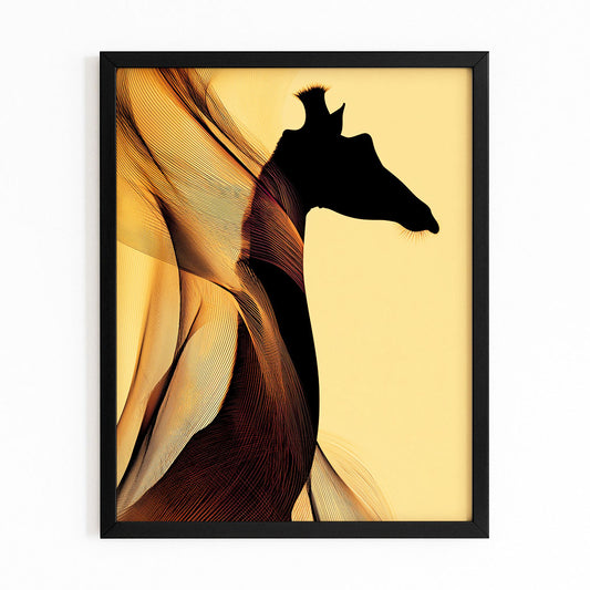 Framed artwork of a giraffe silhouette against a yellow background