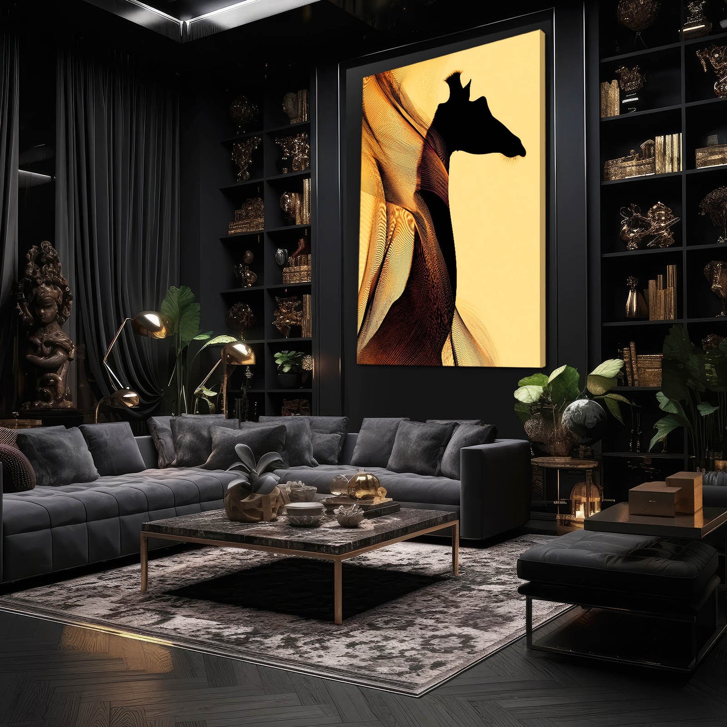 Modern living room with dark walls, a gray sectional sofa, and a large framed artwork of a giraffe.