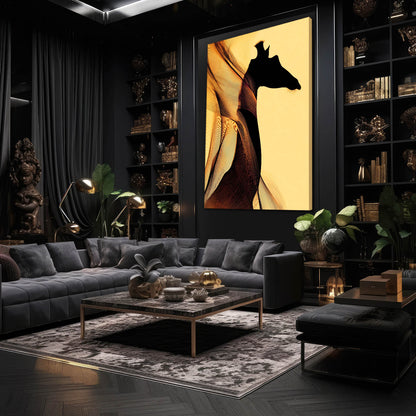 Modern living room with dark walls, a gray sectional sofa, and a large framed artwork of a giraffe.