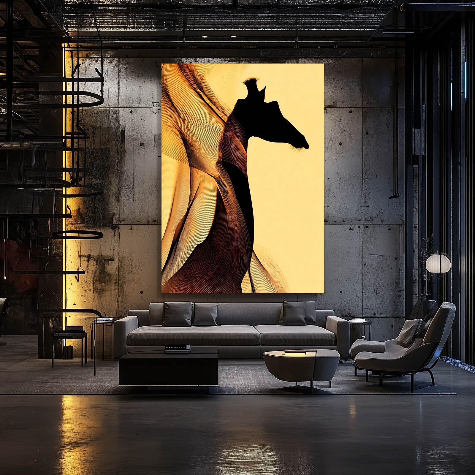 Modern living room with a large abstract painting of a giraffe on the wall.