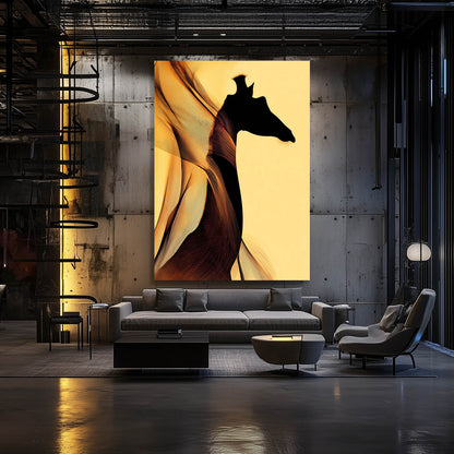 Modern living room with a large abstract painting of a giraffe on the wall.