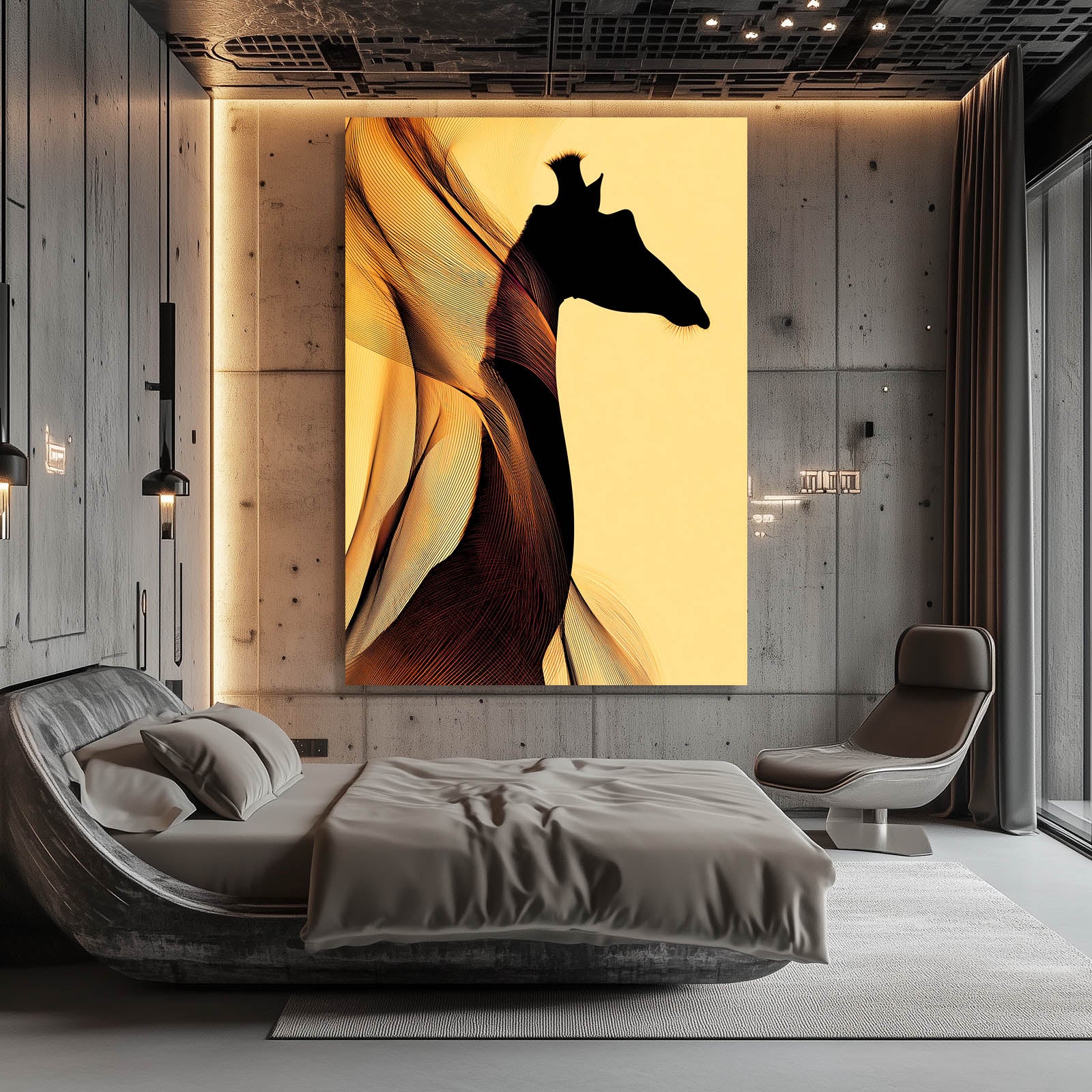 Modern bedroom with a large abstract giraffe painting on the wall.