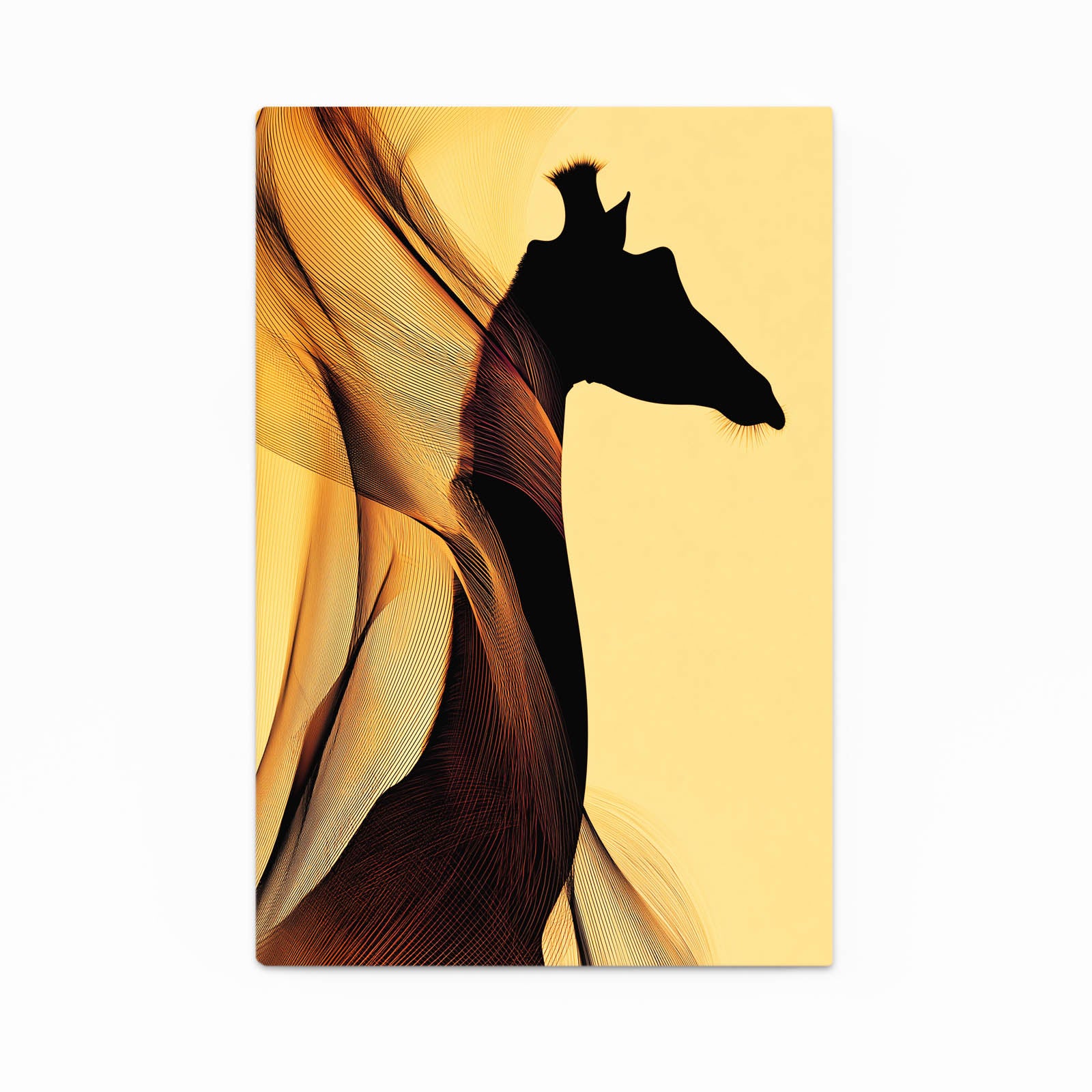 Giraffe silhouette against a yellow background