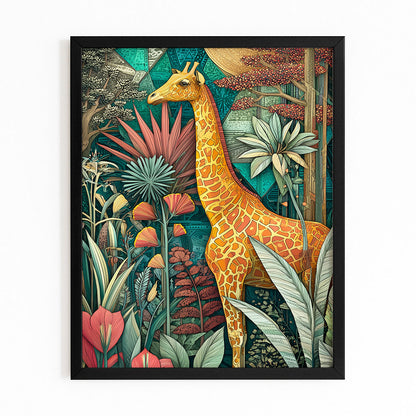 Framed artwork of a giraffe in a jungle setting with vibrant colors.