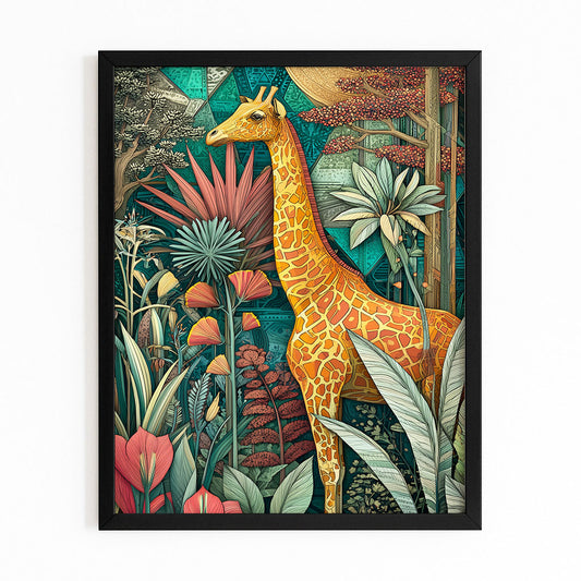 Framed artwork of a giraffe in a jungle setting with vibrant colors.