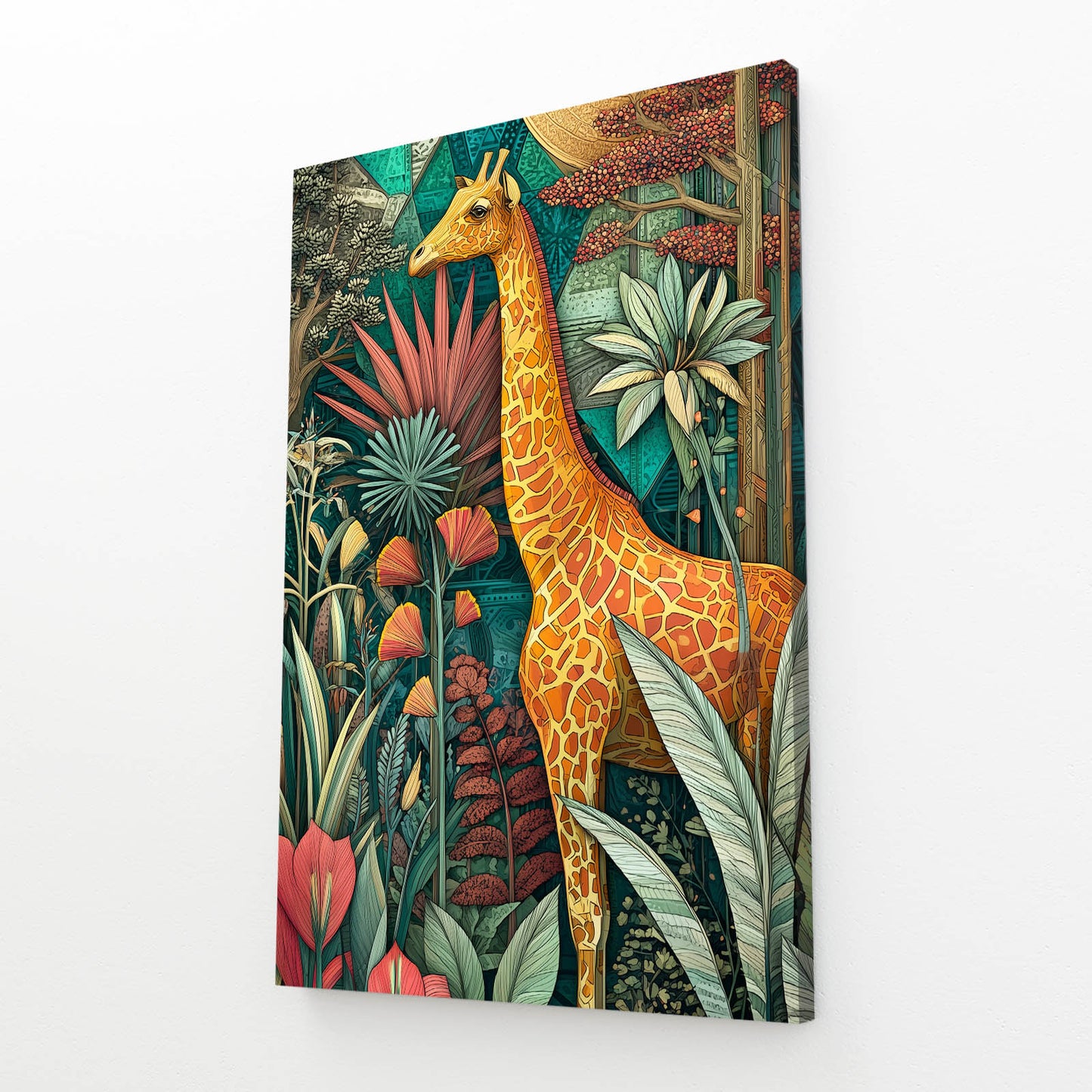 Canvas print of a giraffe among tropical plants on a white background