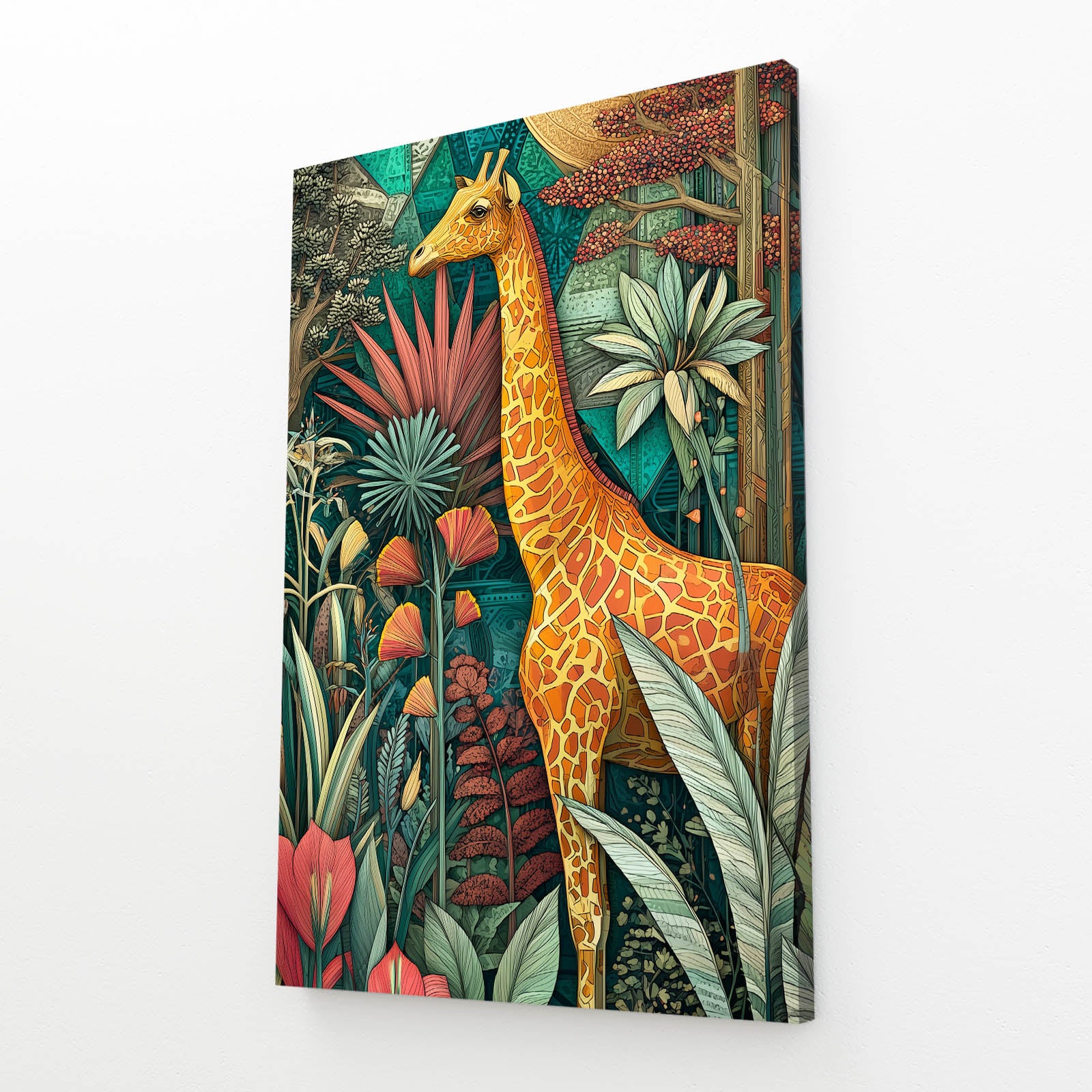 Canvas print of a giraffe among tropical plants on a white background