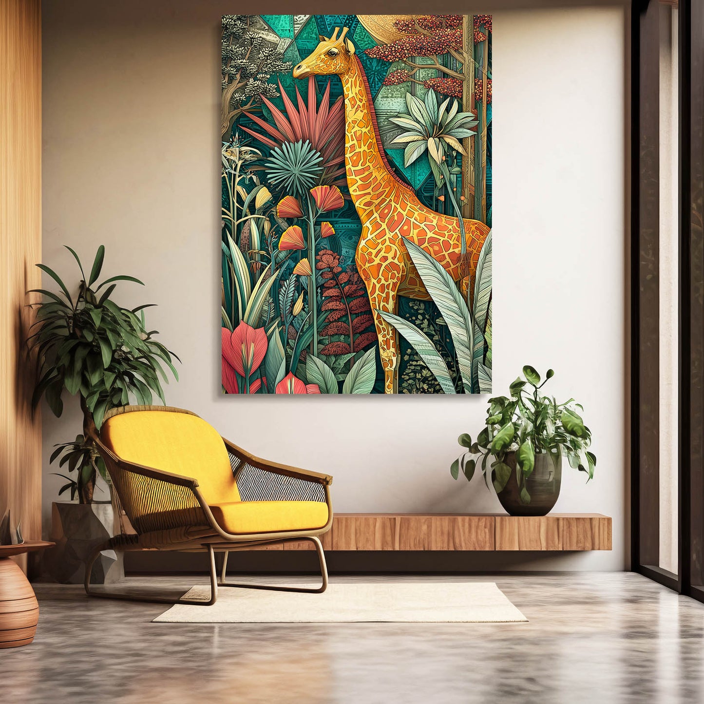 Colorful wall art of a giraffe in a jungle setting above a yellow chair in a room.
