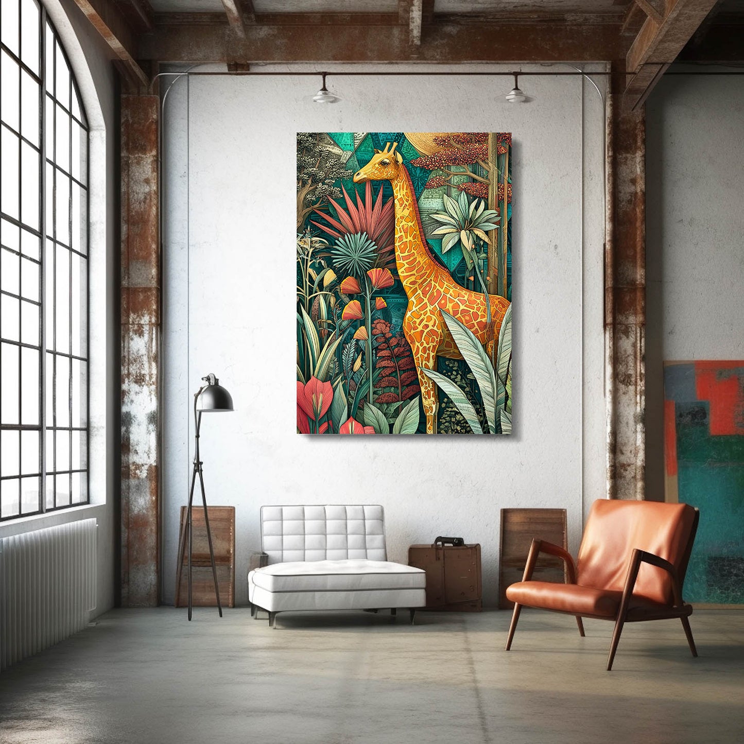 Colorful painting of a giraffe in a modern living room with a white sofa and leather chair.