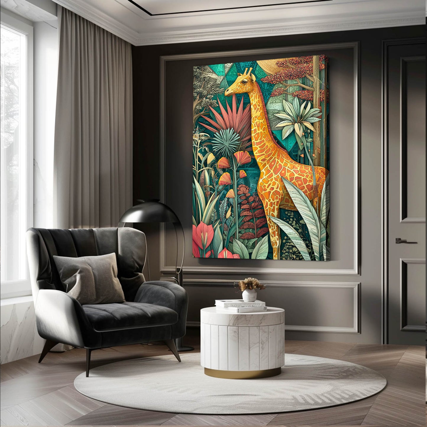 Modern living room with a colorful giraffe painting on the wall