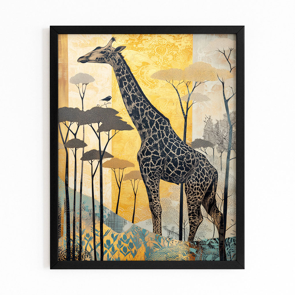 Framed artwork of a giraffe in an African landscape with trees and birds.