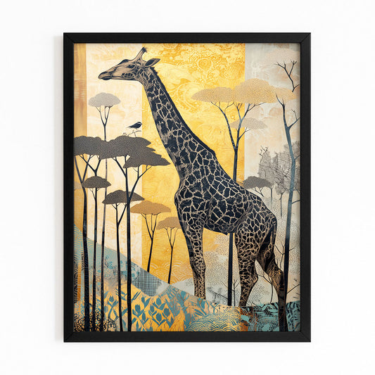 Framed artwork of a giraffe in an African landscape with trees and birds.