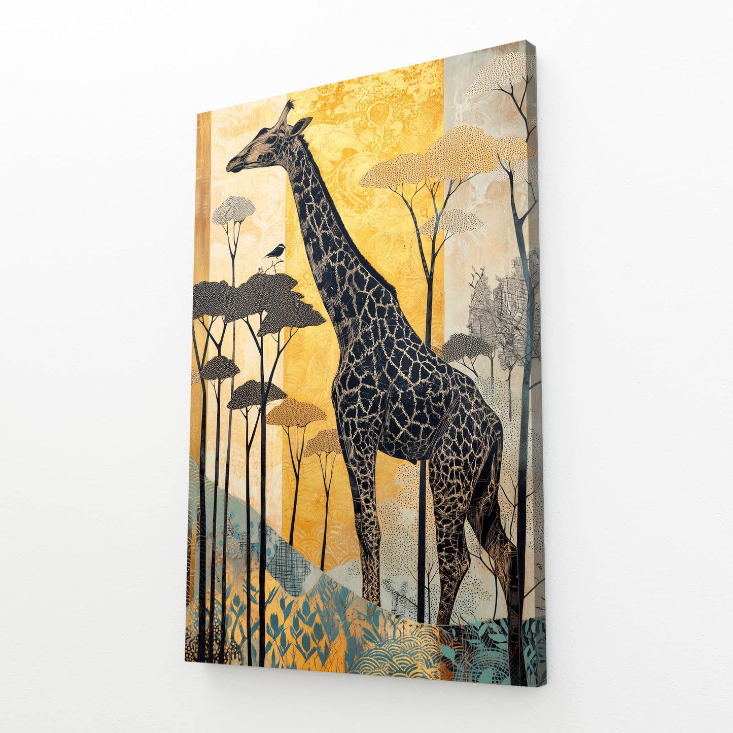 Canvas print of a giraffe in an African savanna with trees and birds on a yellow background.