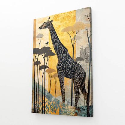 Canvas print of a giraffe in an African savanna with trees and birds on a yellow background.