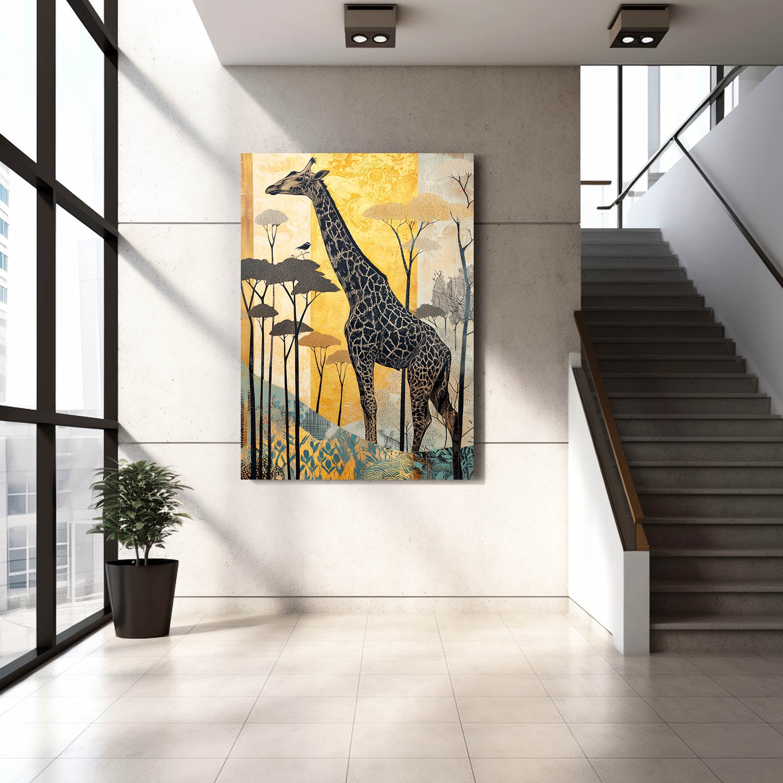 Giraffe painting on a wall in a modern interior setting with stairs and a plant.