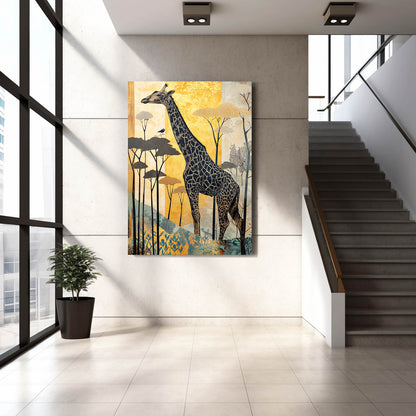 Giraffe painting on a wall in a modern interior setting with stairs and a plant.