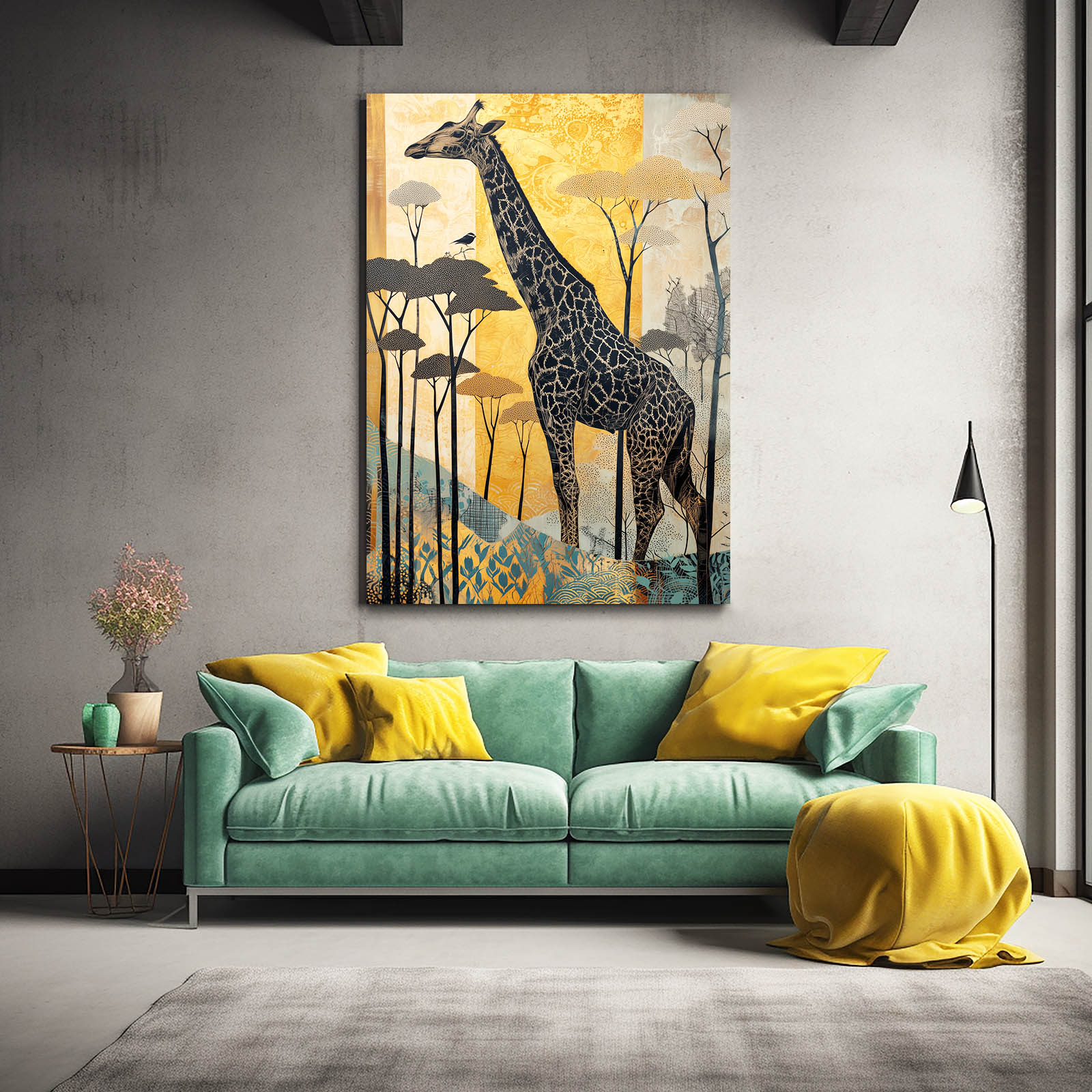 Living room with a teal sofa, yellow cushions, and a giraffe painting on the wall.
