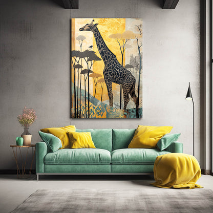 Living room with a teal sofa, yellow cushions, and a giraffe painting on the wall.