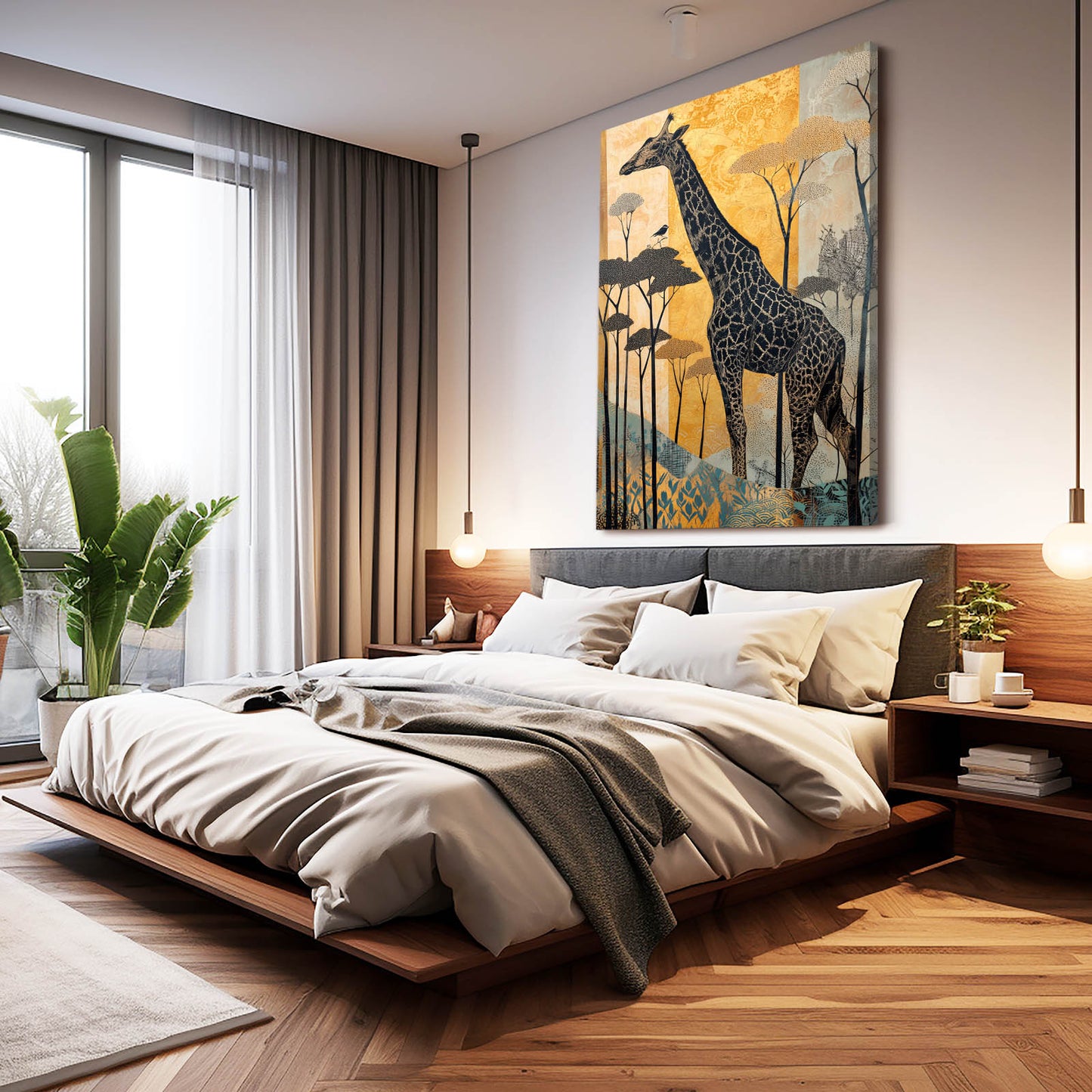 Modern bedroom with a large bed, artwork of a giraffe, and decorative elements.