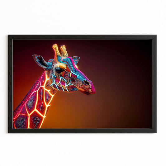Framed artwork of a colorful giraffe head on a gradient background