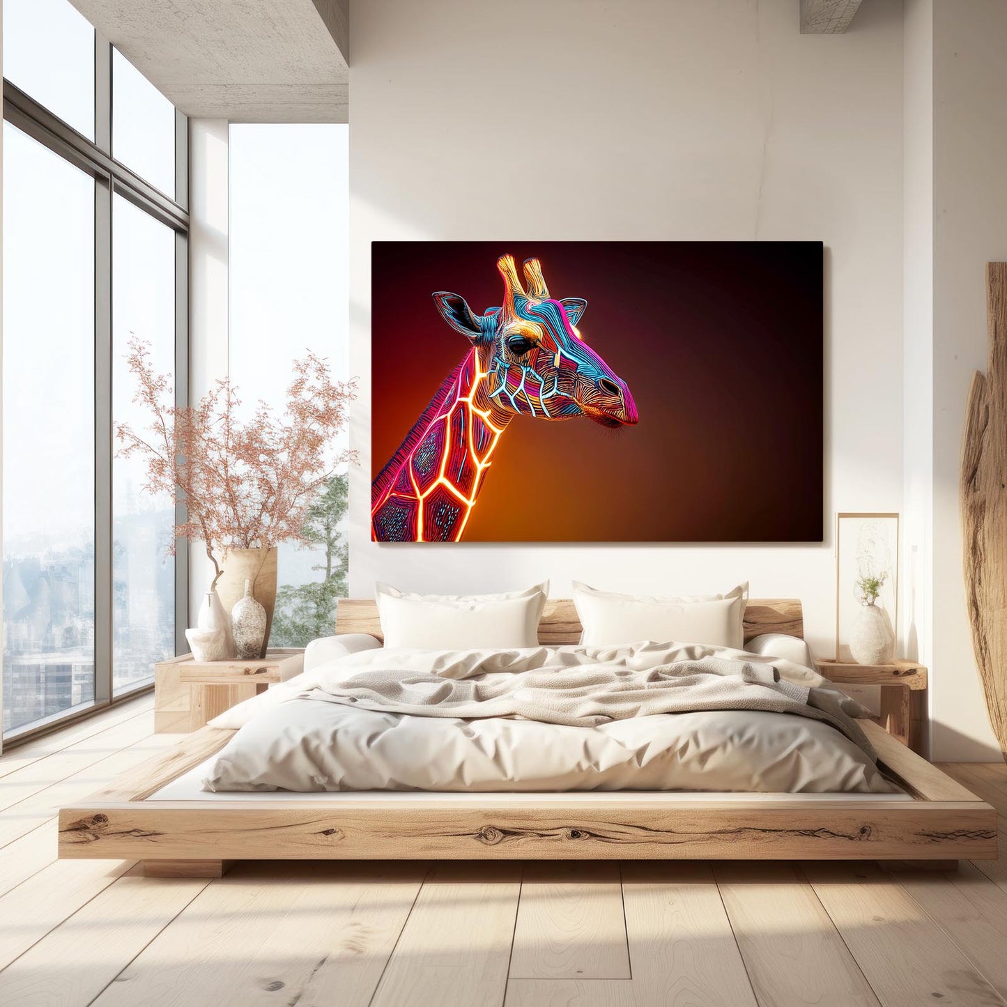Modern bedroom with a colorful giraffe painting on the wall