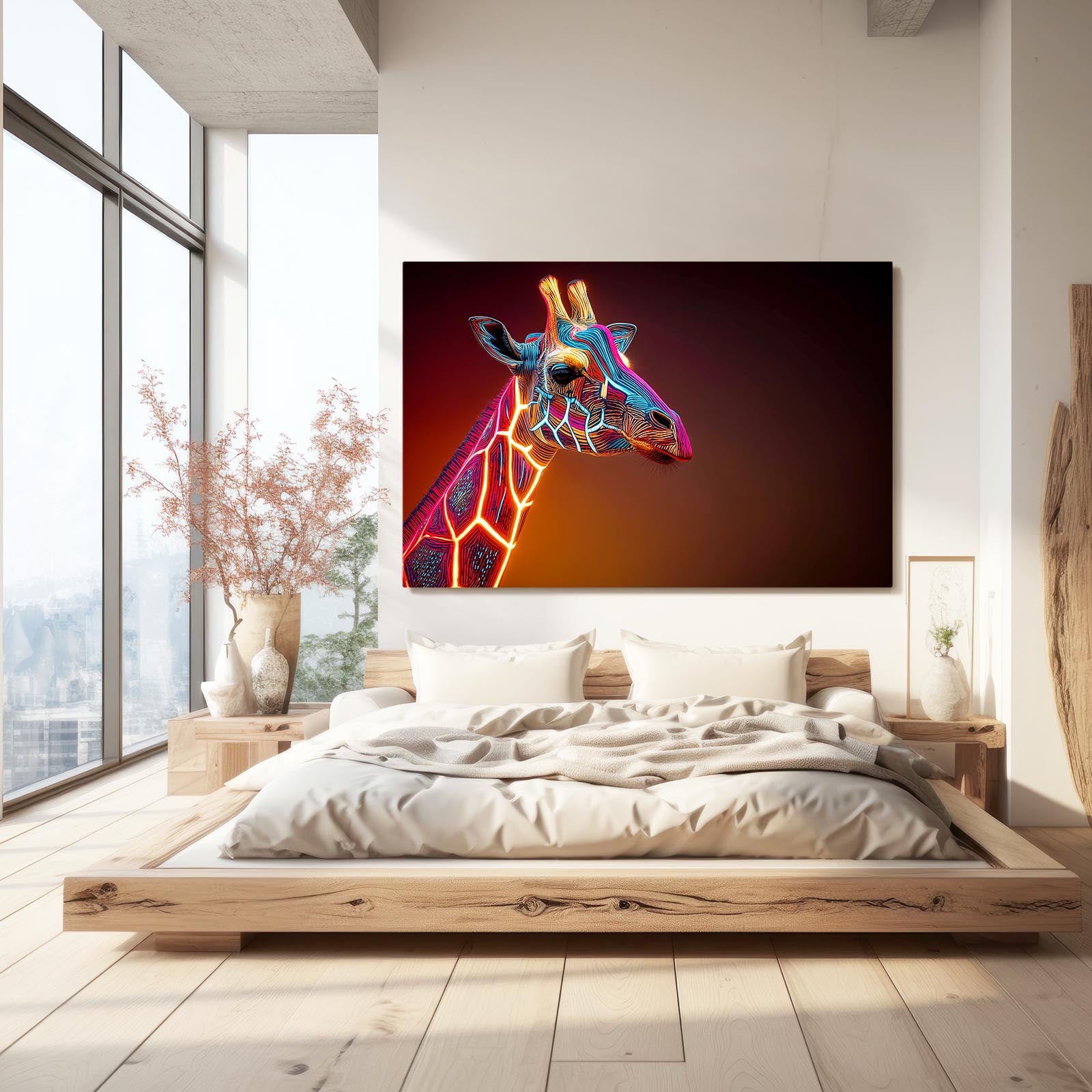 Modern bedroom with a colorful giraffe painting on the wall