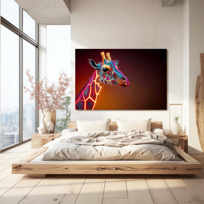 Modern bedroom with a colorful giraffe painting on the wall