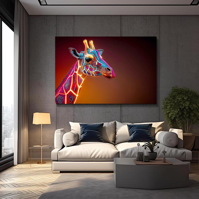 Modern living room with a colorful giraffe painting on the wall.