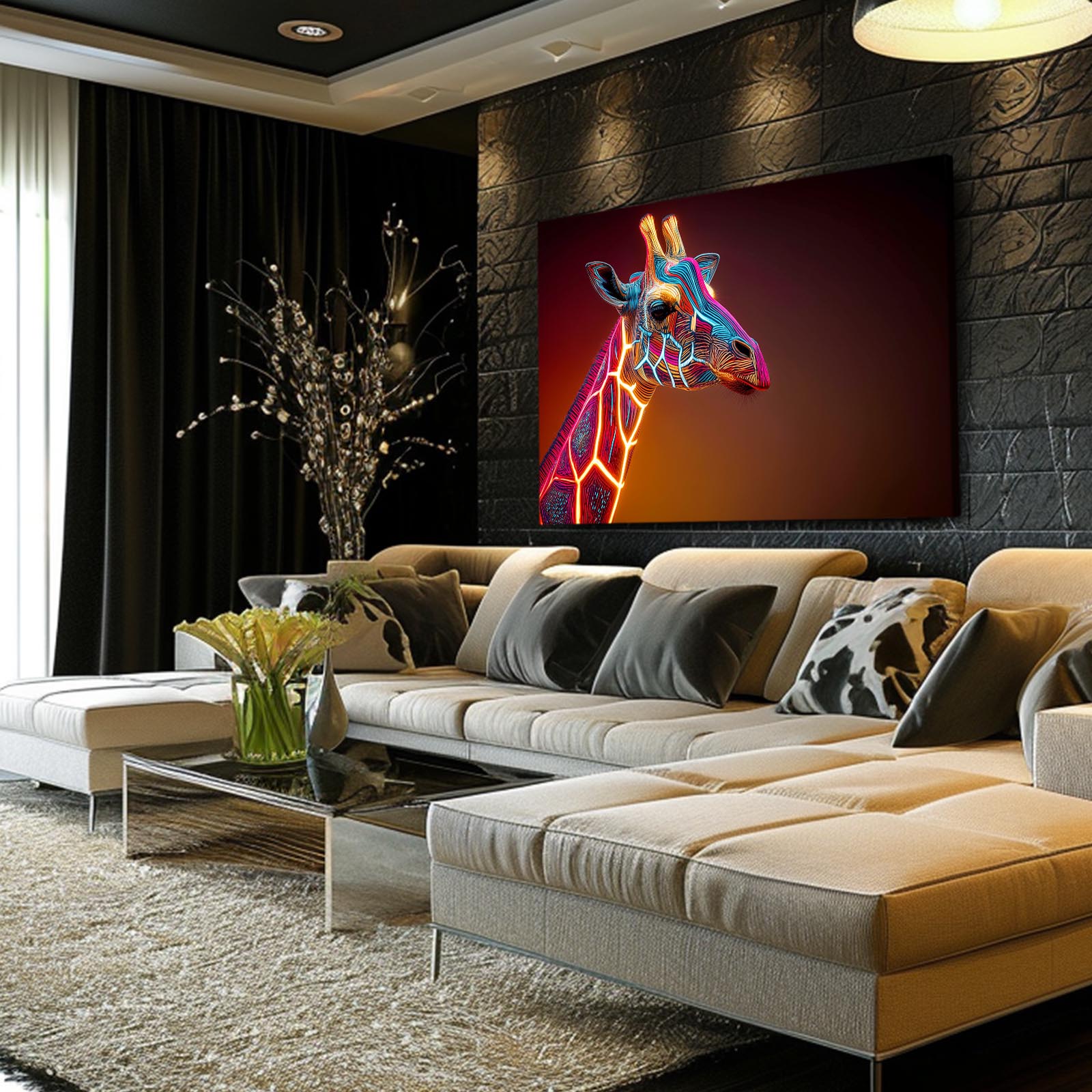 Modern living room with a large sofa, coffee table, and decorative elements.