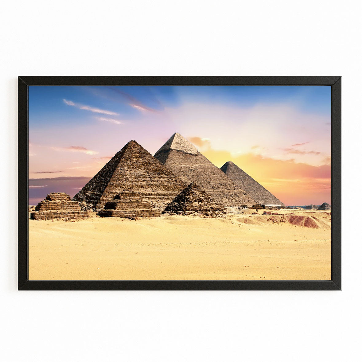 Giza Pyramids Sunset Egyptian Canvas Art – with Premium Black frame on white background