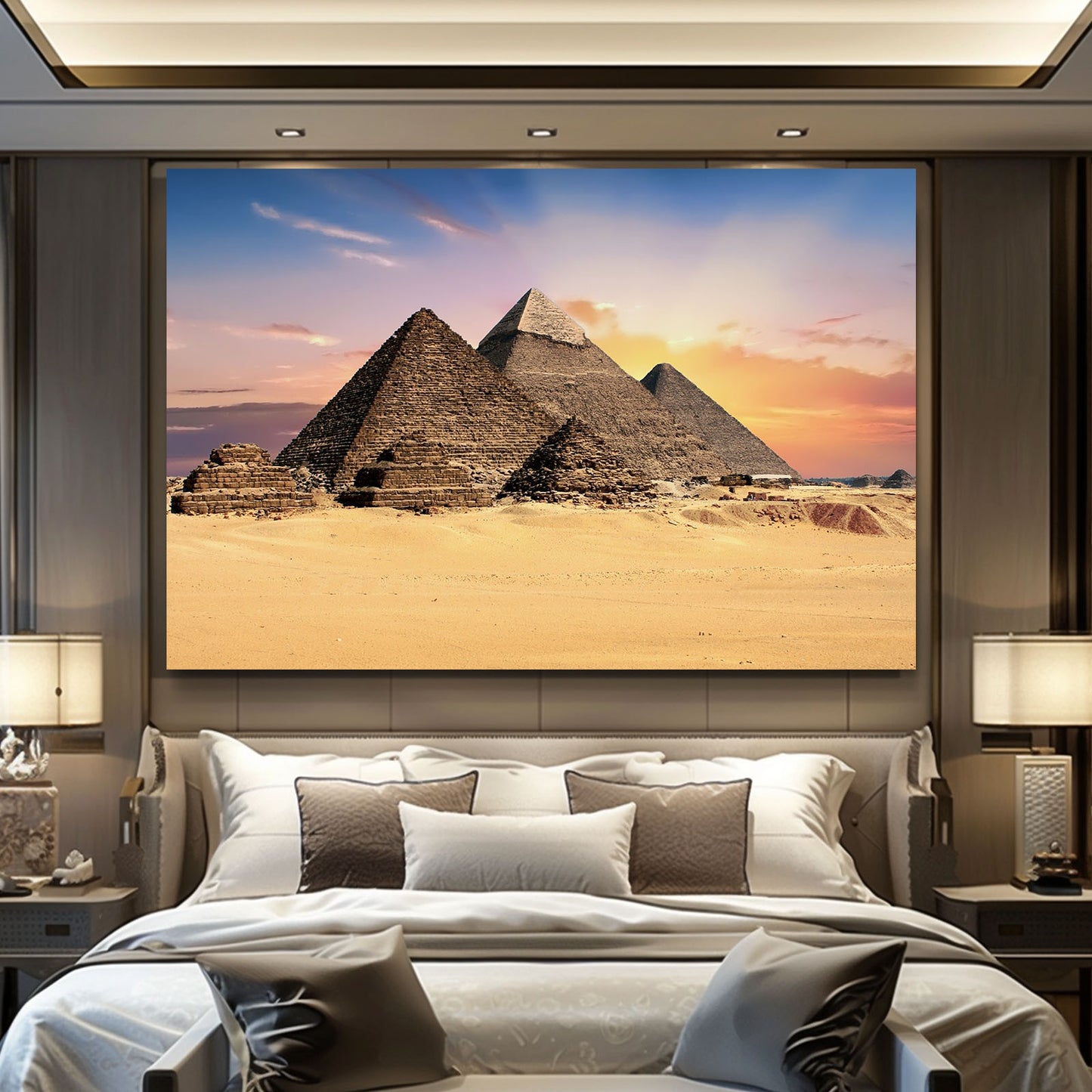 Giza Pyramids Sunset Egyptian Canvas Art – styled in a furnished interior