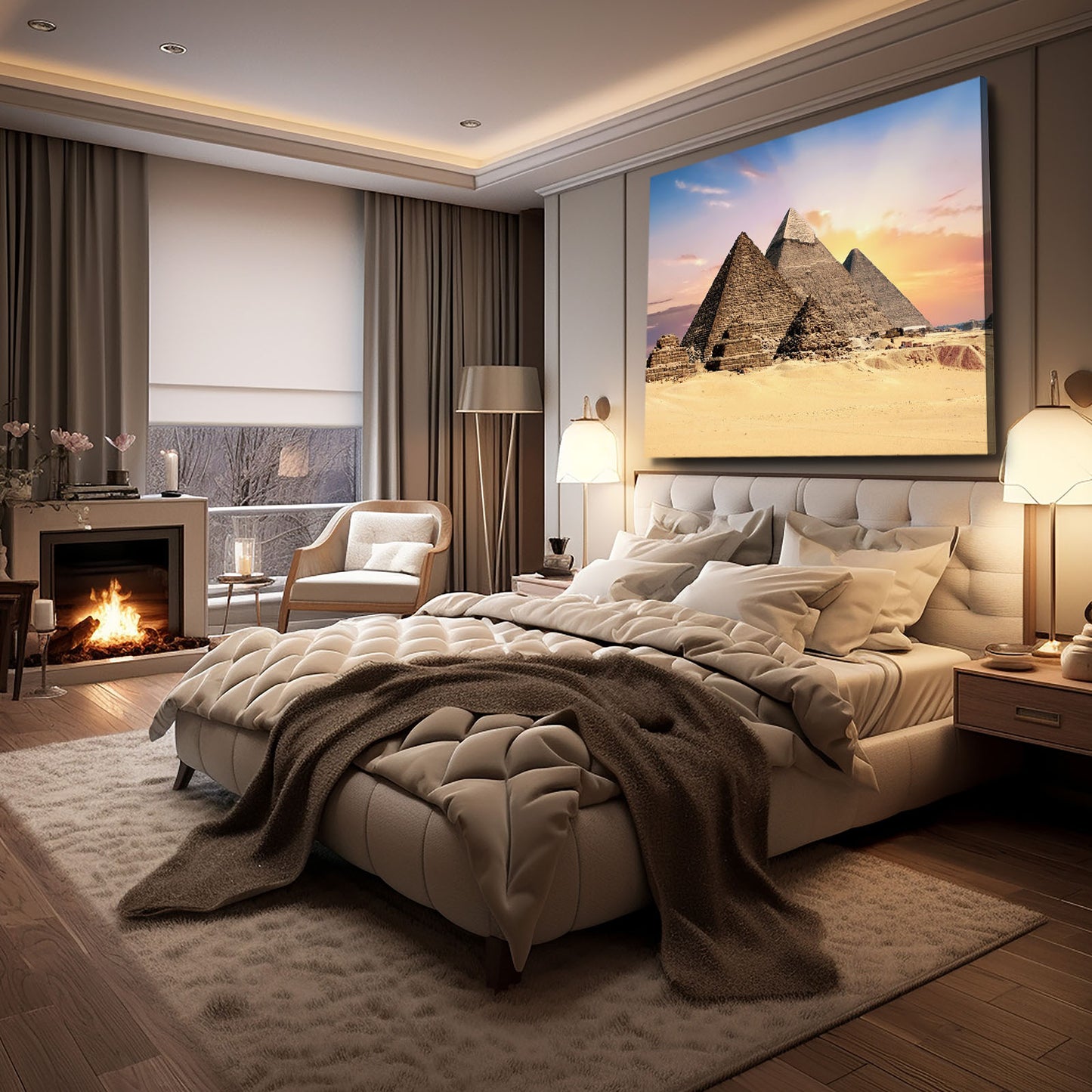 Giza Pyramids Sunset Egyptian Canvas Art – styled in a furnished interior