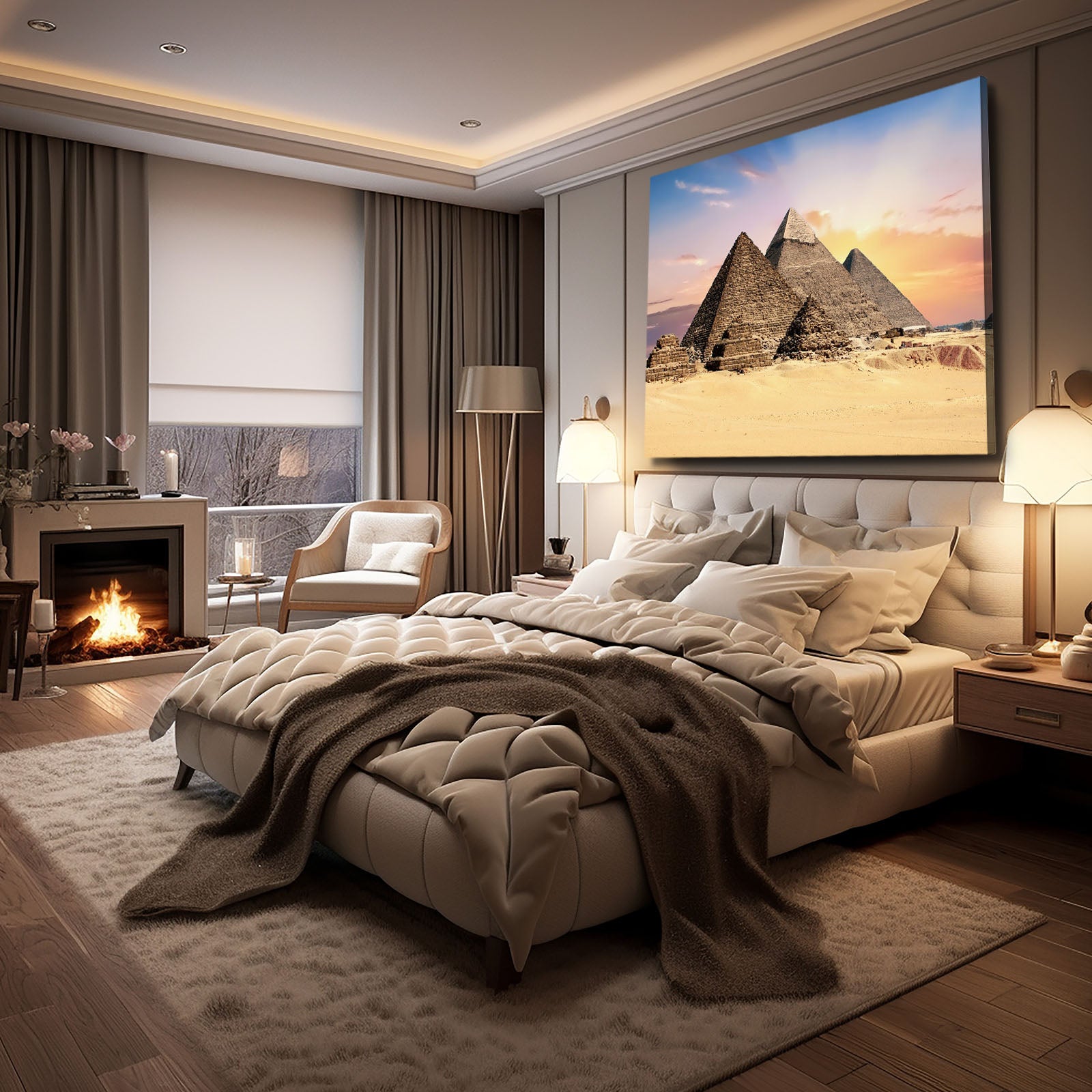 Giza Pyramids Sunset Egyptian Canvas Art – styled in a furnished interior